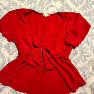 See You Monday Vibrant Red Tie-Front Blouse